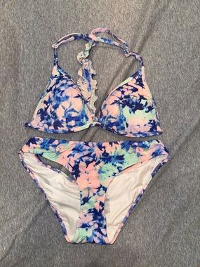 PINK Tie-Dye Pastel Ruffle-Back Bikini Set - Pink, Blue, Mint
